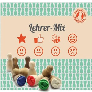Mini Lehrerstempel Set mit Stempelkissen – 8 Stück Holzstempeln für Lehrer Schüler Kinder, Stempel für Pädagogen, Bastelstempel Geschenk