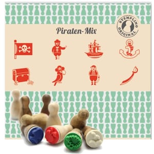 Stempelset mini houten stempelset piraten, 8 stuks met stempelkussen piratenschip anker papegaai schatkist kist schedel