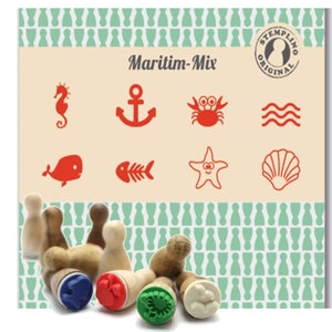 Set di timbri mini set di timbri in legno marittimo, 8 pezzi con tampone d'inchiostro conchiglia cavalluccio marino granchio balena pesce stella marina ancora onda acqua