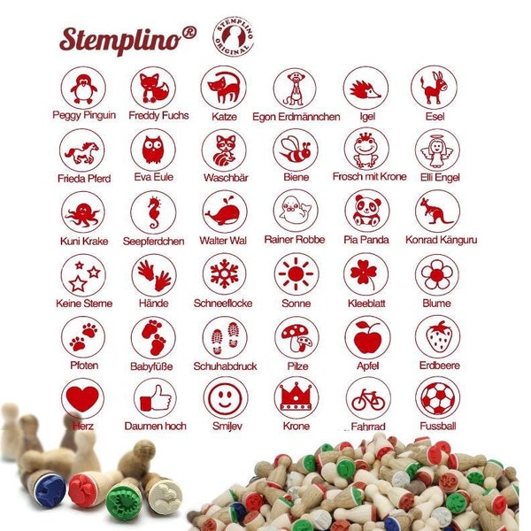 Stemplino Ministempel - Bestseller Motiv - Holzstempel für Journal Kalender Weihnachtskarten basteln, Mitgebsel Kinder Stempel Tiere Lehrer