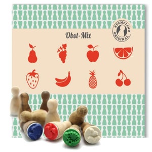 Set di timbri mini set di timbri in legno frutta, 8 pezzi con cuscino set di timbri in legno pera uva mela pompelmo fragola banana ananas ciliegia