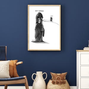 black and white poster -shit happens- artwork wall picture by Stefan Kahlhammer, A4/A3/A2 without frame, Grim Reaper cartoons caricature decoration