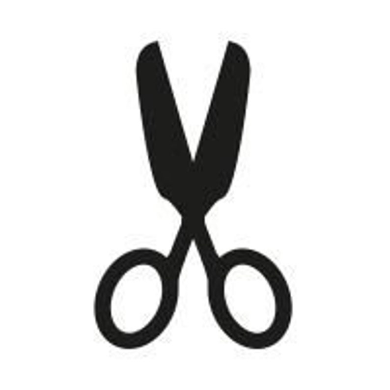 May include: Black scissors with silver handles. The blades are open and ready to cut.
