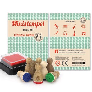 Stempel-Set Mini Set Musik, 8 Stück mit Kissen Musikinstrumente Mikrofon Klavier Saxophon Trompete Trommel Gitarre Kopfhörer Musiknote
