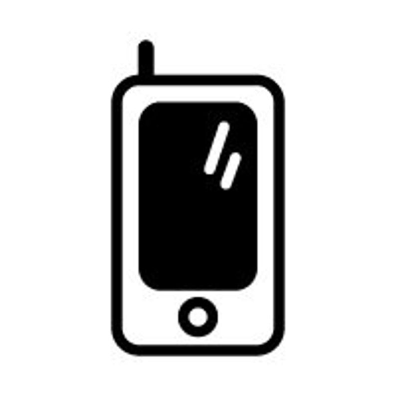 Puede incluir: Ilustraci&oacute;n en blanco y negro de un tel&eacute;fono m&oacute;vil. El tel&eacute;fono tiene forma rectangular con esquinas redondeadas, una pantalla, un bot&oacute;n circular en la parte inferior y una antena en la parte superior. La pantalla refleja dos l&iacute;neas blancas.