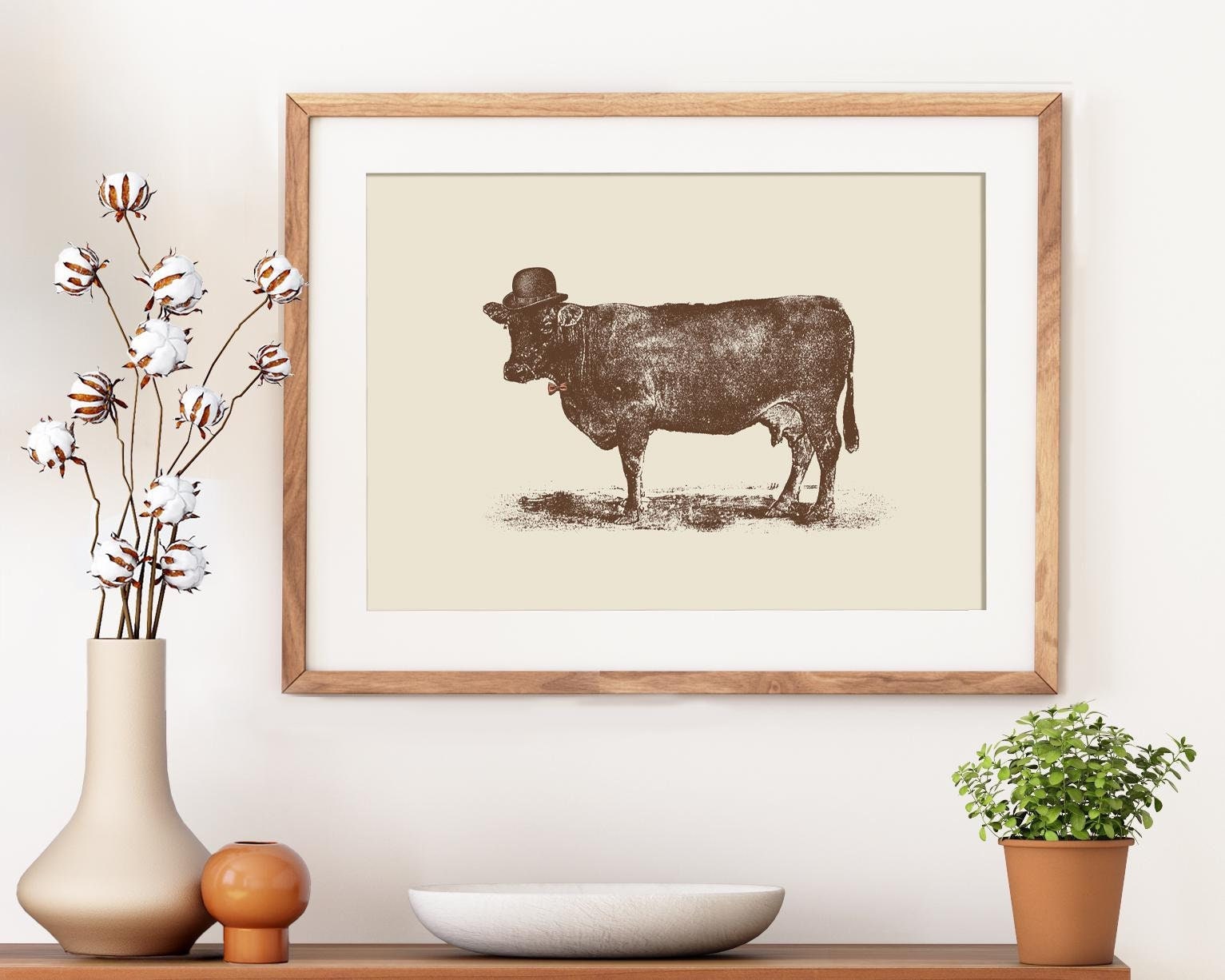 Vintage Poster schwarz weiß - Cow - Kunstwerk Wandbild von Florent Bodart, A4/A3/A2 ohne Rahmen, Retro Deko Küchen Handskizze Hof Tier Kuh