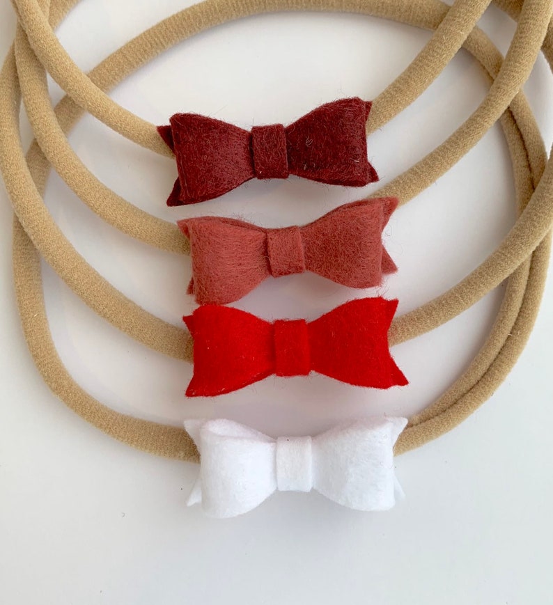 marshmallow white wine rosewood cherry Mini felt bow on clips or nylon headband pastel 4 pack for baby girl: burgundy