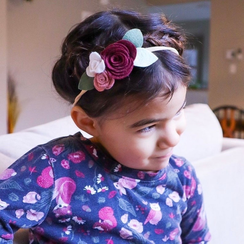 hair accessory baby shower burgandy Pink /& cream Rosebud Flower girl Felt flower rose nylon headband for baby or girls fall floral