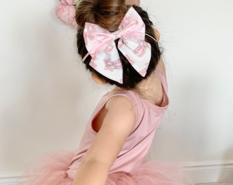Ballet slipper bow, hair clip, ballerina, dancer, dance, tulle, tutu, ribbon, pink, white, ballet shoe; girls, leotard, fabric bow
