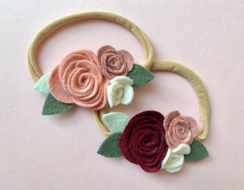 hair accessory baby shower burgandy Pink /& cream Rosebud Flower girl Felt flower rose nylon headband for baby or girls fall floral