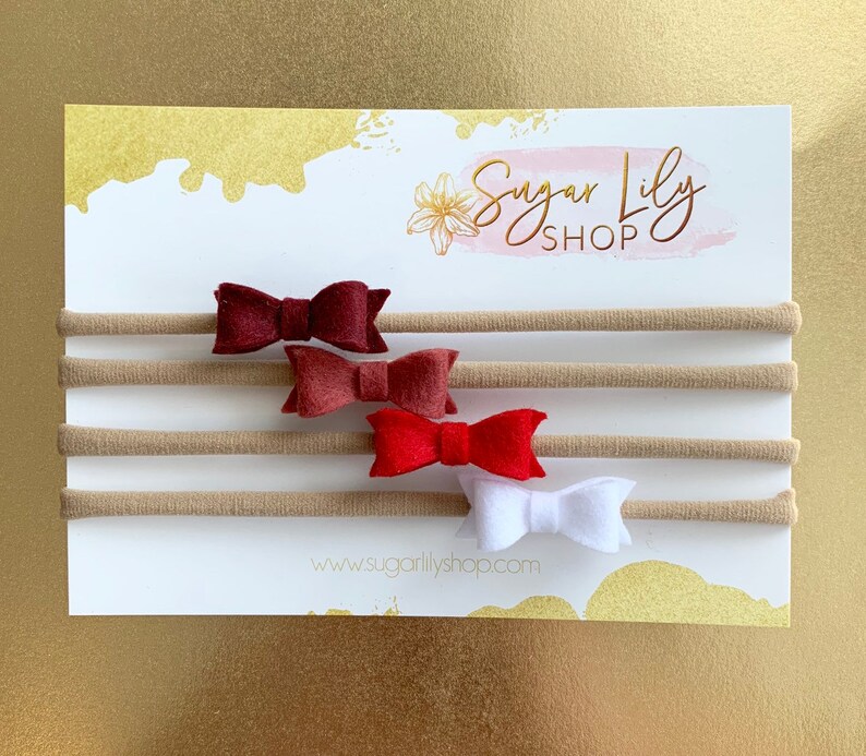 marshmallow white wine rosewood cherry Mini felt bow on clips or nylon headband pastel 4 pack for baby girl: burgundy