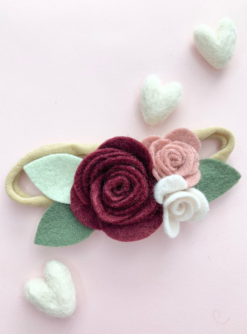 hair accessory baby shower burgandy Pink /& cream Rosebud Flower girl Felt flower rose nylon headband for baby or girls fall floral