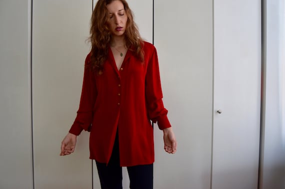 Deep Red Vintage Button-Up Blouse