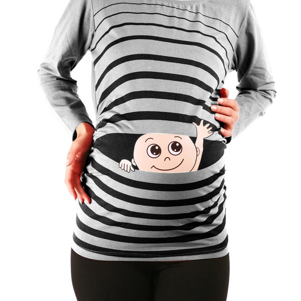 Winke Winke Baby Umstand Shirts | Maternity Shirt | lustige Mutterschaft Shirt mit Motiv Druck | Schwangerschaft Geschenke | Langarm | Damen