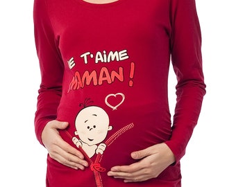 Je t aime Maman! | Maternity Shirt | Mutterschaft Shirt | Umstands Shirt mit Motiv | Schwangerschaft Shirt | Damen | Langarm