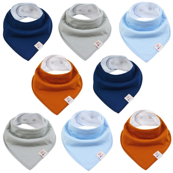 Baby plain triangular scarves, pack of 8, cotton neckerchiefs with adjustable press studs, bibs, burp cloths, drool bibs for toddlers