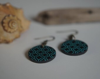 Earrings turquoise black with tile pattern Florentine pattern