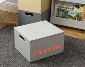 Personalized Wooden Toy Box for Lego Storage by Tidy Books | Grey | Lid and Dividers included | 40 x 34 x 24 cm