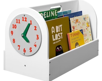 Tidy Books, The Original Montessori Children’s Wooden Books Box in White, Portable Bookcase Storage and Display. Removable Play Clock