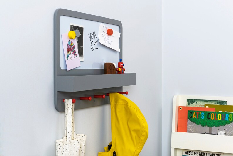 Children's Notice Board With Shelf, Hooks and White Board Grey