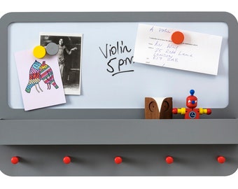 Children's Notice Board with Shelf, Hooks and Magnetic White Board - Grey Wooden Hallway Organizer 40 x 60 x 9cm