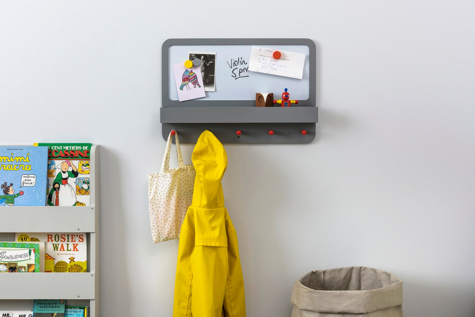 Children's Notice Board With Shelf, Hooks and White Board Grey