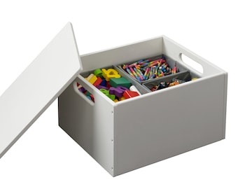 Wooden Toy Box for Lego Storage by Tidy Books | White | Lid and Dividers included | 40 x 34 x 24 cm