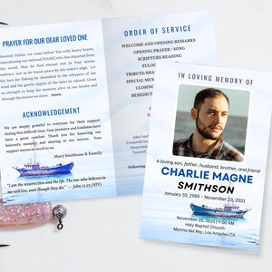 Bewerkbare sjabloon FISHERMAN begrafenisprogramma, programma christelijke herdenkingsceremonie, M25-002