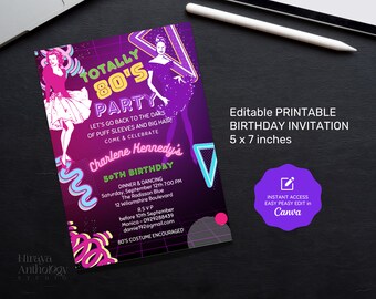 80's Retro BIRTHDAY Party Editable Invitation | Back to the 80's, 1980s | 5 x 7 inches, Printable Bday Party Invitation AB-002-Inv