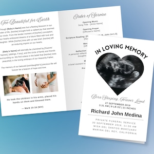 Peut inclure: Une annonce de funérailles en noir et blanc avec une image d'échographie en forme de cœur. Le texte indique "In Loving Memory", "Born Sleeping, Forever Loved", "27 September 2019", "3:31 AM | 9 LB 0Z | 21 INCHES", "Richard John Medina", "Private Funeral Service", "30 September 2019, 11:00 AM", "Misa Del Santos Mortuary", "Marina Del Rey, California".