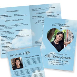 May include: A blue and white funeral program with a heart-shaped photo of a young woman. The program includes the text "In Loving Memory of Ally Sarah Gonzales" and the dates "14 December 2010 - 19 April 2024".
