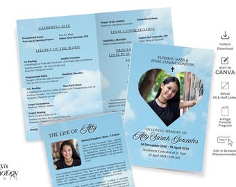 May include: A blue and white funeral program with a heart-shaped photo of a young woman. The program includes the text "In Loving Memory of Ally Sarah Gonzales" and the dates "14 December 2010 - 19 April 2024".