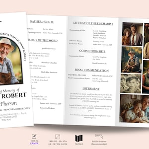 May include: A black and white funeral program with a photo of a man in a hat. The program includes the name John Robert McPherson, the dates of his birth and death, and the date and time of the funeral service. The program also includes a list of hymns and readings that will be used during the service.