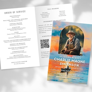 FISHERMAN Funeral Program Editable Template SUNSET, with QR Code Christian Memorial Ceremony Program, M25-003