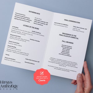 May include: A black and white funeral program with the title "Final Commendation" and a list of pallbearers. The program includes the order of service, readings, and hymns. The program also includes the text "Interment/committal will follow at St. Paul of Peace Cemetery at 1:30 PM. The Smithson family would like to invite you to share in a meal of Jane's life directly following the interment at the St. Paul Hall Prayer to break bread with us."