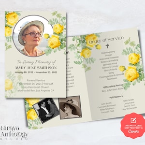May include: A funeral service order of service template with a yellow rose floral design. The template includes a photo of the deceased, the order of service, and the names of the pallbearers. The text reads "In Loving Memory of Mary Jane Smithson, January 10, 1932 - November 23, 2021".