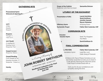 May include: A black and white funeral program with a photo of a man in a white shirt and a straw hat. The program includes the name John Robert Smithson, the dates December 14, 1968 - April 19, 2021, and the location Southwest Cathedral of St. Paul, September 20, 2021, 9:00 AM. The program also includes a list of hymns and readings for the service.