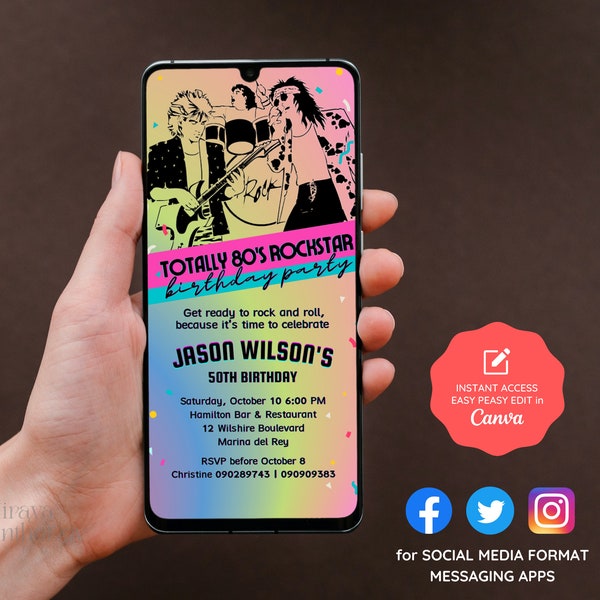 80's GLAM ROCK Birthday Party Digital Invitation, Throwback Theme Party Editable Canva Template | AB003