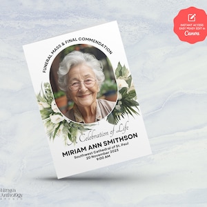Puede incluir: Una tarjeta de anuncio de funeral blanca con un diseño floral y una foto de una mujer. El texto dice "Misa fúnebre y última recomendación, Una celebración de la vida, Miriam Ann Smithson, Catedral del Suroeste de San Pablo, 20 de noviembre de 2023, 9:00 AM".