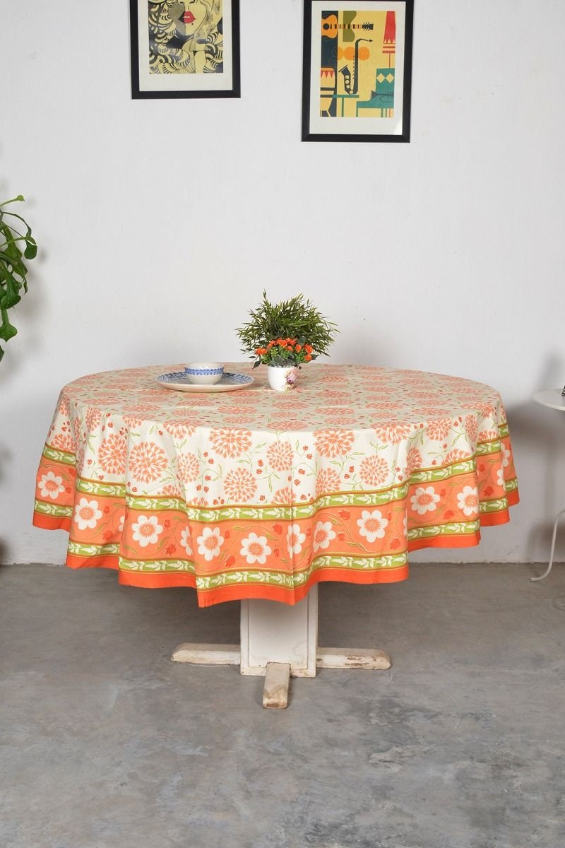Kadama Orange 4 Seater Round Table Cover 70 Inch Tablecloth Garden Decor Colorful Handmade 100 Cotton