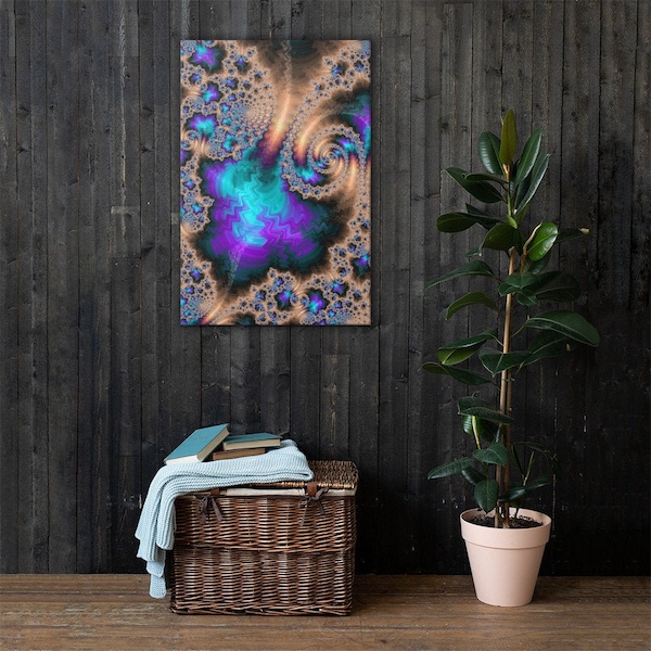 Gold Blue and Purple Stunning Fractal Wall Canvas, Sacred Geometry Inspired Metaphysical Home or Office Decor