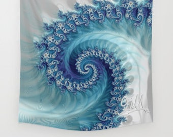 Wave Tapestry Blue and White Fractal Design Ocean Theme Geometric Golden Spiral Trippy Pattern Psychedelic Wave Large Sizes