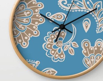 Blue Wall Clock | Morocco Theme Wall Clock | Blue and Taupe | Abstract Clock | Analog Clock | 6 Options Available | Moroccan Decor