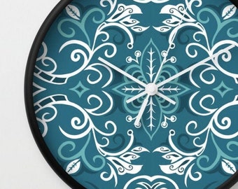 Teal Wall Clock | Morocco Theme Wall Clock | Teal and White | Mandala Wall Clock | Analog Clock | 6 Options Available