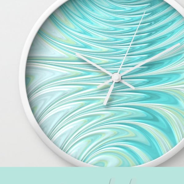 Wall Clock | Teal White Green | Abstract Art | Geometric Pattern | Round Clock | 10" Wide | 3 Frame Options | Black or White Hands |