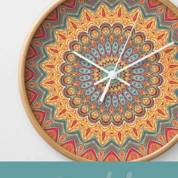 Horloge murale Orange et Sarcelle Mandala Design Boho Clock Yoga Studio Decor Shatterproof Plexiglass 3 Options de cadre en bois