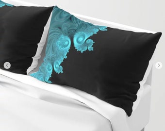 Teal Blue and Gold Fractal Throw Pillow Sacred Blue Garden Mandala Throw Pillow