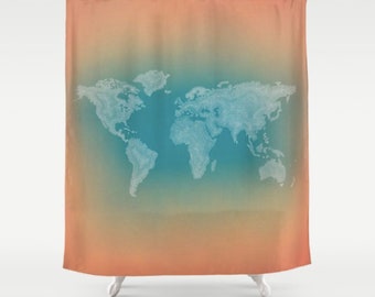 Map Of The World Shower Curtain, Orange and Teal Original Art Shower Curtain Featuring the Word Map