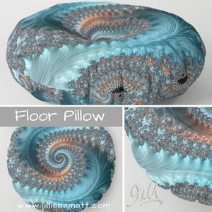 Teal Aqua and Taupe Geometric Floor Pillow Blue Fractal Golden Spiral Meditation Pillow or Floor Seat Round or Square Options 2 Sizes