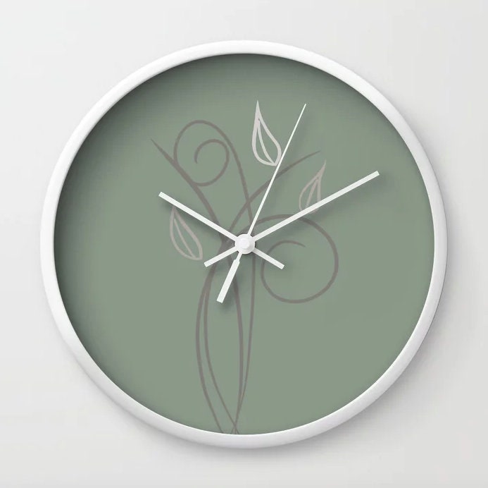 Wall Clock Sage Green Nature Theme Plants Theme Silent Etsy